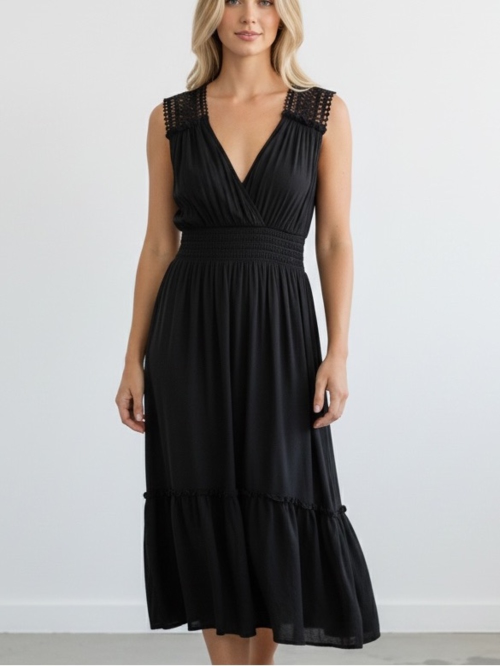 Ramy Brook Black Crochet-Trim V-Neck Midi Dress